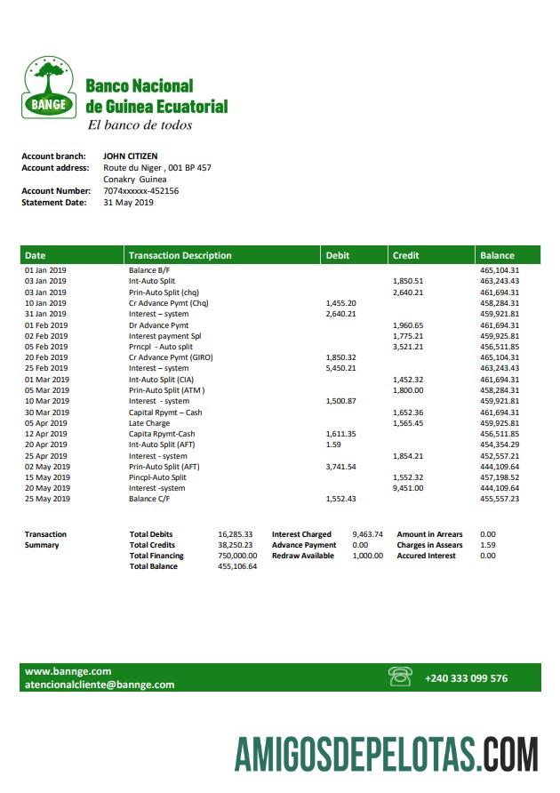 Guiné Equatorial Modelo de extrato bancário do Banco Nacional da Guiné Equatorial